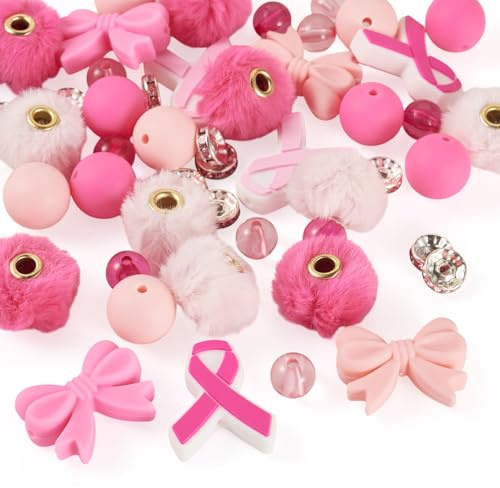 Craftdady 48 st rosetter silikonpärlor set runda silikon fokalpärlor imitation mink päls europeiska pärlor pom poms strass distans pärla för armbandstillverkning smycken hantverk, rosa