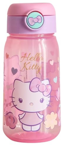CARTOON Borraccia con apertura pop-up Hello Kitty Bottiglia con Cannuccia in plastica riutilizzabile BPA Free Design Pastello Sanrio capacità 510 ml per bambine