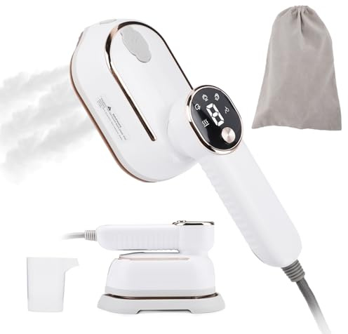 Travel Steamer for Clothes with LCD Screen 2 in 1 Portable Iron, 3 Steam Levels, 15S Fast Heat-up, 130ML Water Tank, 1200W Powerful 180° Rotating Handle for Travel, Home, Office (White)