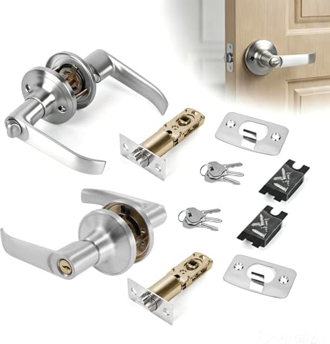 SEESUNO 2Pack Door Handles with Lock and Key, Aluminium Alloy Handle Internal Wooden Doors for Bathroom Bedroom (Silver, 25-45MM)