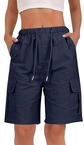 Cargo Shorts Women Knee Length Elastic Waist Drawstring (L, Navy blue)