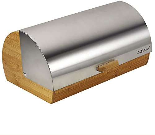 Maestro MR-1673S, Boîte à Pain, Couvercle Coulissant, Récipient de Rangement pour Garder Le Pain et Les Petits Pains Frais Plus Longtemps, Design Élégant, Acier Inoxydable, Bois, Bread Box