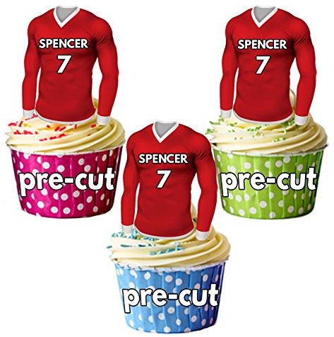PRECUT Personalised Edible Football Shirts With Your Chosen NAME & NUMBER - Cupcake Toppers/Cake Decorations Red Shirt Top (Pack of 24)