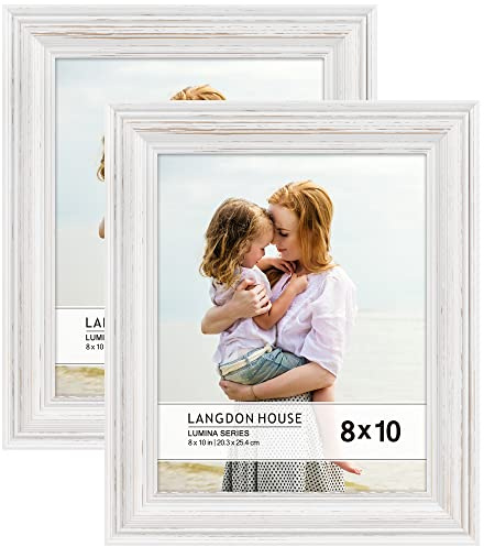 Langdon House 8x10 Real Wood Picture Frames (Weathered White - Gold Accents, 2 Pack), French Country Style Wooden Photo Frame 8 x 10, Lumina Collection