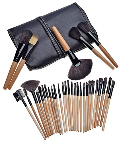 GODGETS 32 PCS Brochas Maquillaje Profesional Set de Cepillos Kit de Cosméticos para Polvos Corrector Contorno Fundación Sombra Mezclas Delineador, Bolsa de Cuero para Viaje,Marrón,32 Piezas