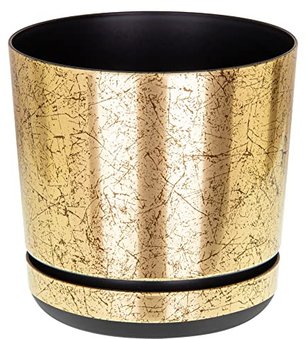 KORAD OLD GOLD flower indoor plant pot with saucer plastic gloss modern decorative planter with drainage holes (21 cm - 8.3 inches)