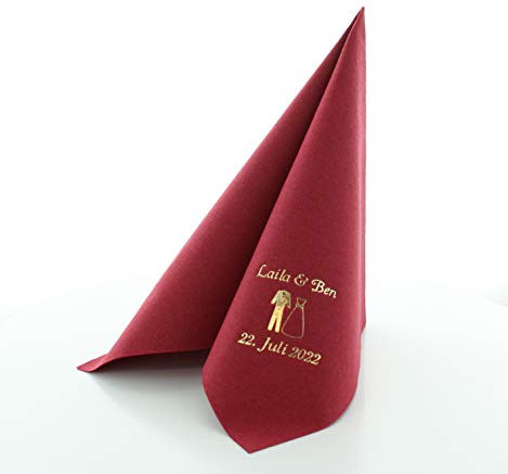 Hochzeitsservietten mit individuellem Aufdruck Gold/Silber | hochwertiges Premium-Line Material, STOFFÄHNLICH | mit exklusivem Prägedruck | 40 x 40 cm | ¼ Falz (Bordeaux, 200)