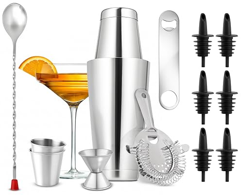 NutriChef Mixology Bartender Cocktail Shaker Set - Includes 15 & 30 oz Stainless Steel Shakers, 6 Bottle Pourers & More - Essential Martini Making Kit - Drink Mixing Set - 15 Piece Cocktail Bar Set