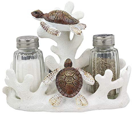 Ebros - Juego de salero y pimentero, diseño náutico de coral blanco con 2 tortugas de mar nadando