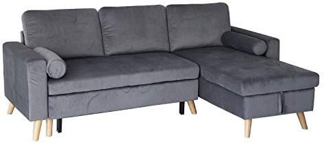 Happy Garden umwandelbares Ecksofa James 3-Sitzer in grauem Samt. Sofa im skandinavischen Stil mit umkehrbarer Meridian und Aufbewahrungskasten.