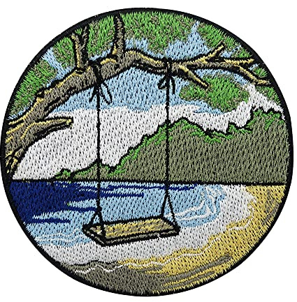 Finally Home Schaukel am Strand Patch zum Aufbügeln - Meer Aufnäher | Motiv für Urlauber: Sommer Urlaub, Strand & Sonne im Paradies. Als Bügelbild für Tasche & Rucksack.
