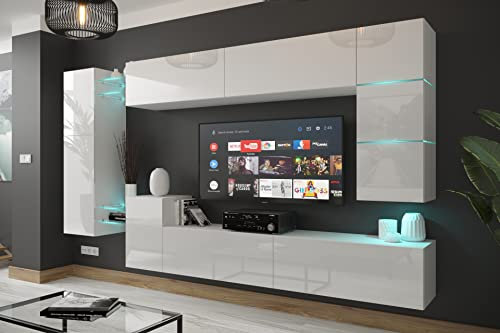 Furnitech Wohnwand | Wohnzimmer Möbel Mit LED Weiß | Hängend Modern | Schrankwand Mit Regale Und TV Schrank (AN90NEW-21W-HG2)
