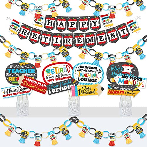 Big Dot of Happiness Teacher Retirement Party Decoration Kit - Banner Bunting Photo Booth Props Set, 21-Foot Paper Chain Garland, Happy Retirement Backdrop, Celebration Supplies Doterrific Bundle
