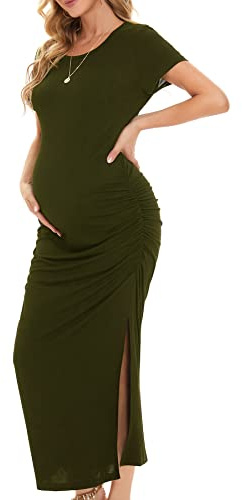 Smallshow Vestidos de Maternidad Mujer Larga Side Split Ropa premamá Army Green XL