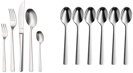 WMF Corvo Besteck Set 6 Personen, 30-teilig, Hohlheftmesser, Cromargan protect Edelstahl mattiert, kratzbeständig & Corvo Espressolöffel Set 6-teilig, 10,5 cm, Cromargan protect Edelstahl mattiert