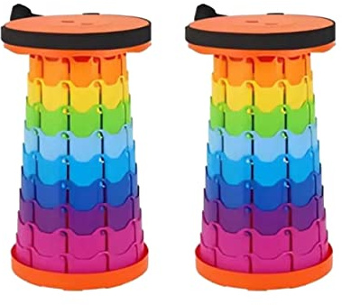 XUANYU Set med 2 bärbar hopfällbar pall, rund pall Ø 26 cm, teleskopisk campingpall, teleskopisk fiskpall, justerbar höjd 6,5–45 cm, max belastning. 200 kg (regnbåge)