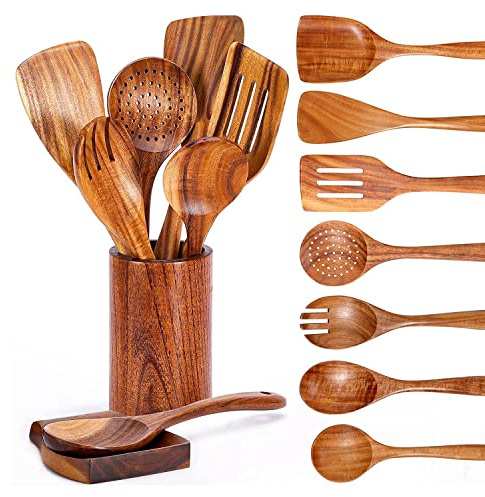 Antioch Lot de 9 Ustensiles de Cuisine en Bois de Teck avec Porte-Ustensiles