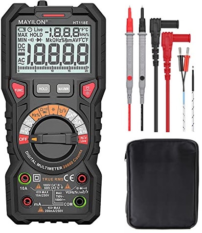 HT118E 20000 Conta Multimetro Digitale, Voltmetro Amperometro TRMS con NCV e Rilevamento di LIVE, Misura AC/DC Tensione e Corrente, Temperatura, Capacità, Resistenza, Diodi, Continuità, Frequenza