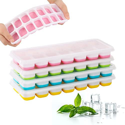 4 Pezzi Stampo Cubetti di Ghiaccio con Coperchio, Impilabili Vaschette Ghiaccio, Vassoio per Cubetti di Ghiaccio, Stampi per Ghiaccio, Base Flessibile, per Congelatore, Whisky, Cocktail