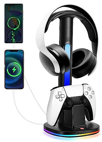 JDGPOKOO PS5 Controller Charging Station with RGB Headphone Stand, PS5 Controller Charger Holder with B Charging Ports, Headset Stand for Playstation 5 Dock, Black, 2 US