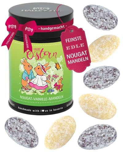 Hallingers Genuss Manufaktur Nougat-Mandeln Oster-Geschenk - von Hand in der Manufaktur schokoliert ohne Alkohol in der Geschenkdose Hasenfamilie, Ostern Körbchen für Frauen Männer