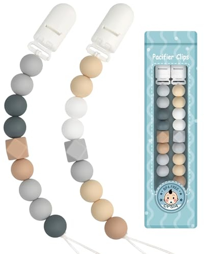Kowlone Schnullerkette Silikon Schnuller Clips Kette Schnuller für Jungen Mädchen Geschenk Geburt Taufe Baby Geburtstag Weihnachten 2 Stück (Beige, Grau)
