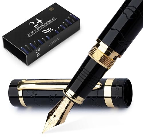 Wordsworth & Black Primori Fountain Pen Set [Black Gold]; Extra Fine Nib, Gift Case, 24 Ink Cartridges, Refill Converter, Manual; Journaling, Calligraphy, Smooth Writing Pens; Left and Right Handed