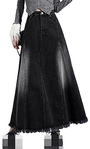 Hohe Taille Regenschirm-förmigen schwarzen mittellangen Damen Jeansrock Frühling Street Style A-Linie Rock, Schwarz , 44