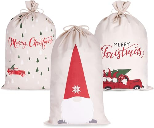 BRUBAKER 3er Set Weihnachtssack - 80 cm Geschenksack mit weihnachtlichen Motiven - Nikolausbeutel zum Befüllen und Verpacken von Geschenken - Weihnachtsdekoration Sack aus Baumwolle