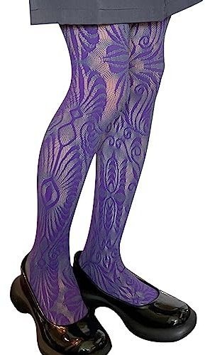 LIUASMUE Calze a rete da donna scava fuori collant fantasia rosa pizzo coscia collant collant elasticità calze leggings, Viola, Small/Large