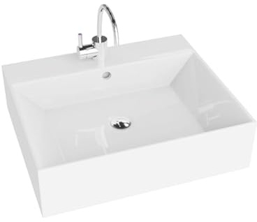 LAVITA Aufsatzwaschtisch Vista Aufsatzwaschbecken Rechteckig Waschbecken mit Überlauf und Hahnloch Aus hochwertigem Porzellan Waschtisch modernes Badkeramik Waschplatz 51x43x14,5 cm Weiß Glanz