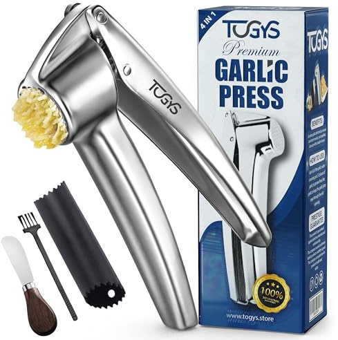 TOGYS Heavy Duty Stainless Steel Garlic Press - Professional Grade Garlic Mincer & Crusher with Ergonomic Soft Grip Handle, Dishwasher Safe, Rust-Proof - Easy to Clean Kitchen Gadget for Cooking