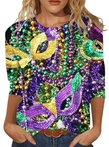 callmo Kostüm Fasching Damen Maske Muster Shirt 3/4 Arm Damen Rundhals Elegante Oberteile Langarmshirt Festliches Outfit Damen Abend Party Club Oberteil Faschingskostüme Damen