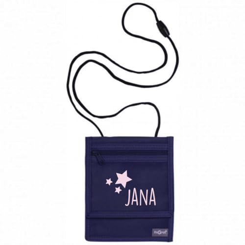 minimutz Brustbeutel Sterne Kinder - Personalisiert mit Name - Geldbeutel zum Umhängen Mädchen mit Klarsichtfenster für Schülerausweis Buskarte - Navy 13 x 15 cm