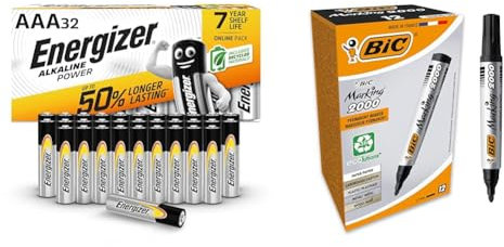 Energizer AAA Batteries, Alkaline Power, Triple A Battery Pack, 32 Pack (Packaging May Vary) & BIC Marking 2000 ECOlutions, Multi-Surface Black Permanent Markers, Ideal for School, Bullet Tip