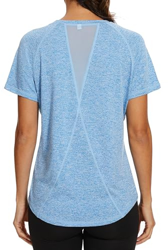 Gyabnw Camiseta Deportiva para Mujer Camisetas de Gimnasia Espalda Malla Ajuste Holgado Yoga Camiseta para Correr Ligera Que Absorbe la Humedad Cuello Redondo Manga Corta para Damas