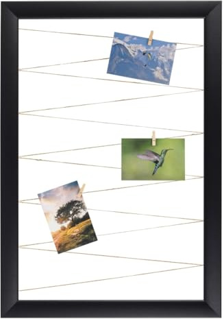 CLAMARO Neo Collage Bilderrahmen mit Fotoleine, 50x70 cm, Schwarz Matt | 20 Holzklammern, Jutekordel, MDF-Rahmen 38 mm breit, Metall-Wandhalterung, ideal als Fotocollage oder Galeriewand