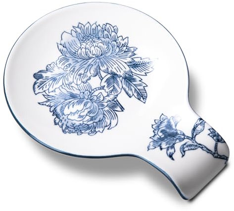 Magclay Porcelain Spoon Rest, 5.5 Ceramic Spoon Holder for Stove Top and Kitchen Counter, Blue and White Utensil Rest with Flowers and Branches, Vintage Kitchen Decorative