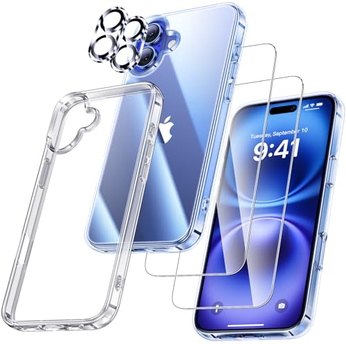 UniqueMe Hülle für iPhone 16 - Handyhülle & 2 Schutzfolie, Transparent | Rundumschutz Set für iPhone 16 Case, Schutzhülle Cover, Stoßfest Militärstandard, Anti-Kratzer, Dünn