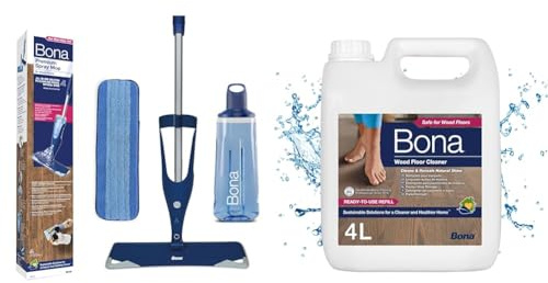 Bona - Balai Spray + 850 ML Nettoyant pour Parquets + 2 Pads en Microfibre - Balai Spray & Nettoyant pour Parquets - 4L - Compatible avec Tous Les Robots Laveurs