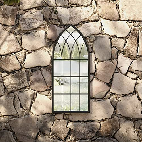 ZEYUAN Gartenspiegel, Spiegel Fenster, Kirchenfenster, Fensterförmiger Spiegel, Fensterspiegel, Window Mirror, Wandornament, Spiegel Landhausstil, Schwarz 70x30 cm Eisen