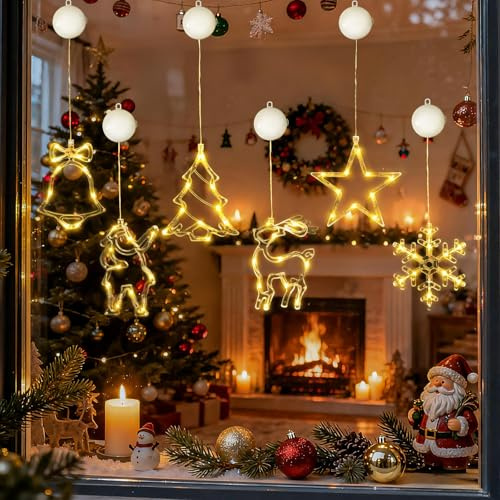 HELESIN LED Sterne Weihnachtsbeleuchtung 6 Stück, Timer Weihnachten Fensterlicht Batteriebetrieb mit Saugnapf, 2 Modi Fensterbeleuchtung Weihnachtsbeleuchtung für Party Weihnachtsdeko Innen Außen
