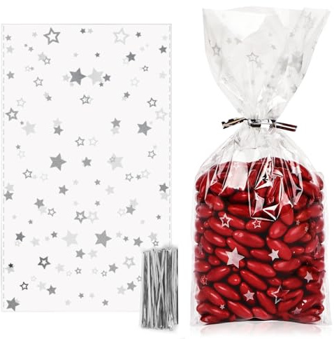 COLOFALLA 100 Stk 9.5 x 16 cm Weihnachten Cellophantüten mit Boden Silbern Stern Kekstüten Weihnachtstüten Transparent Plätzchentüten Zellophantüten Geschenktüten Geschenktasche für Süßigkeiten Bonbon