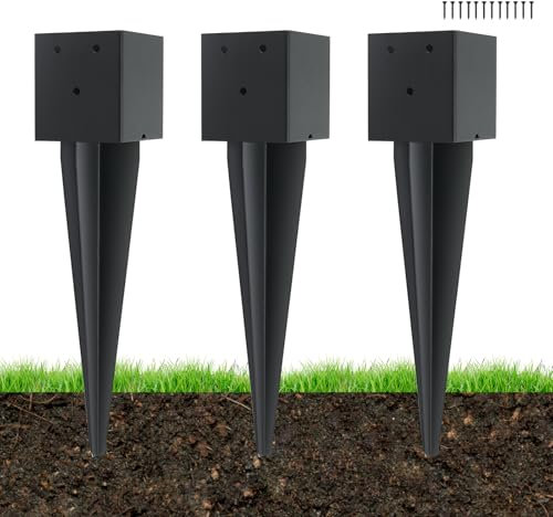 3 Pcs 4 x 4 Fence Post Anchors Ground Spike (Actual 3.6 ” X 3.6”)，Heavy Duty Metal Fence Stakes Post Base 16'' with Black Powder Coated Support for Mailboxes, Fences, Trellis Posts, Banners.