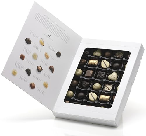 Pralinen aus Belgien. 30 Meisterwerke der Pralineur-Kunst. Exquisite Belgische Pralinen verpackt im edlen Buchdesign. Ein sinnlicher Genussmoment für wahre Gourmets. 385g Pralinen-Hochgenuss