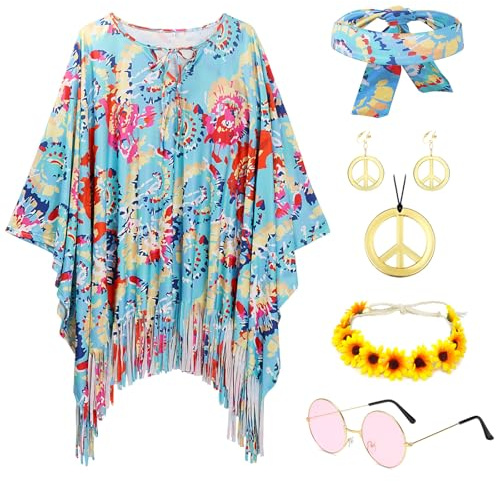 IWTBNOA Hippie Kostüm Damen Set mit Hippie Accessoires, 60er 70er Jahre Bekleidung Damen, Retro Damen Hippie, Kleidung Disco Outfit, Schlager Outfit Damen für Mottoparty Cosplay Karneval