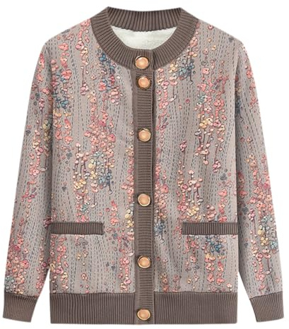 AOOPOO Thick Warm Grandma Winter Sweater Cardigan, Women's Embroidered Cashmere Coat Middle-Aged Elderly Mother Knitted Jacket, Classic Chunky Winter Old Lady Knitwear Khaki