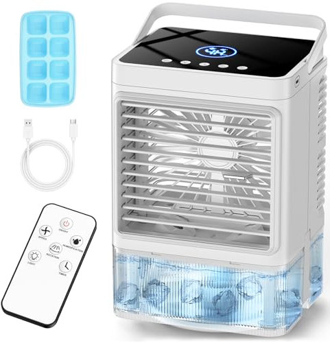 COOLECH - Personal Air Conditioner with Remote Control and LED Display, 90° Oscillation, 4H Timer, 7 LED Night Light, 2 Cool Mist, 3 Speed Evaporative Air Cooler,