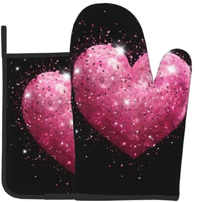 WZYWHJ Set di guanti da forno e presine con cuore rosso e glitter rosa per cucinare, forno a microonde, grigliate, resistenti al calore, con cordino