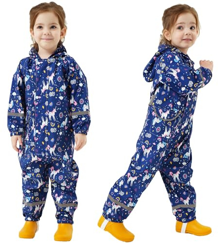 Fewlby Puddle Suit Girls Rain Suit, Waterproof Suit Kids All in One Waterproof Overalls Rainsuit Blue Unicorn Muddy Suit One Piece Raincoat Hoodie Rainwear, 7-9 Years XL Size